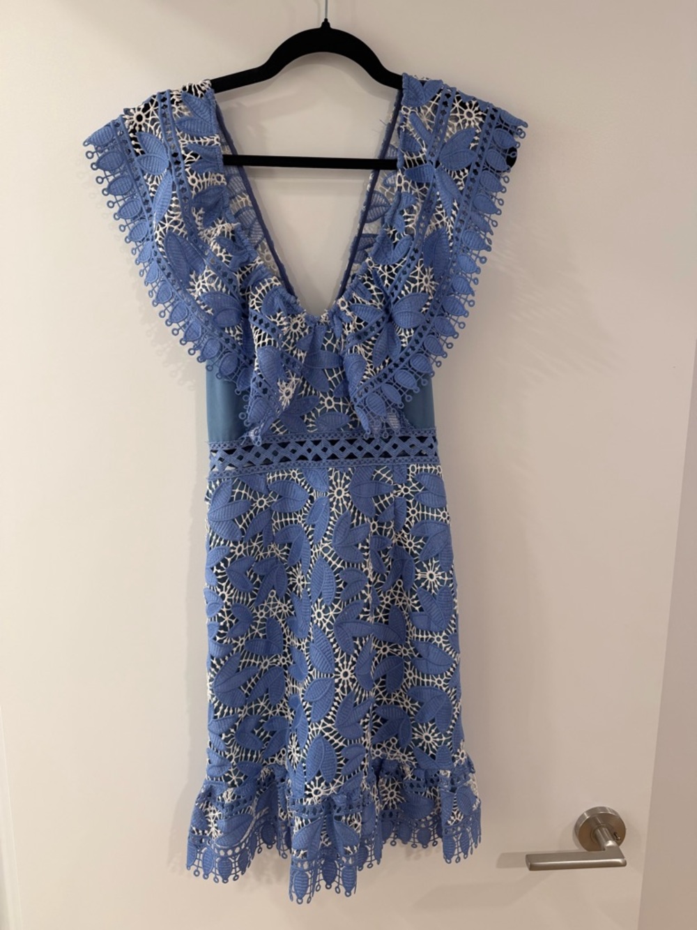 Aijek Blue Lace V-Neck Mini/Midi Dress with Scalloped Hem